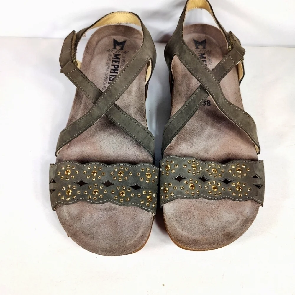 MEPHISTO Women's Gray Suede Leather Strappy Arch Support Wedge Sandal Size 8